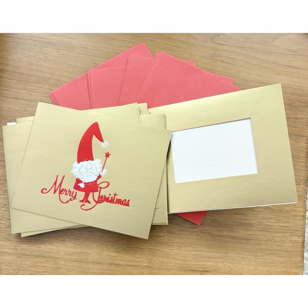 Vintage Craftmount Photo Frame Christmas Cards (10) Gold Santa Red Envelopes